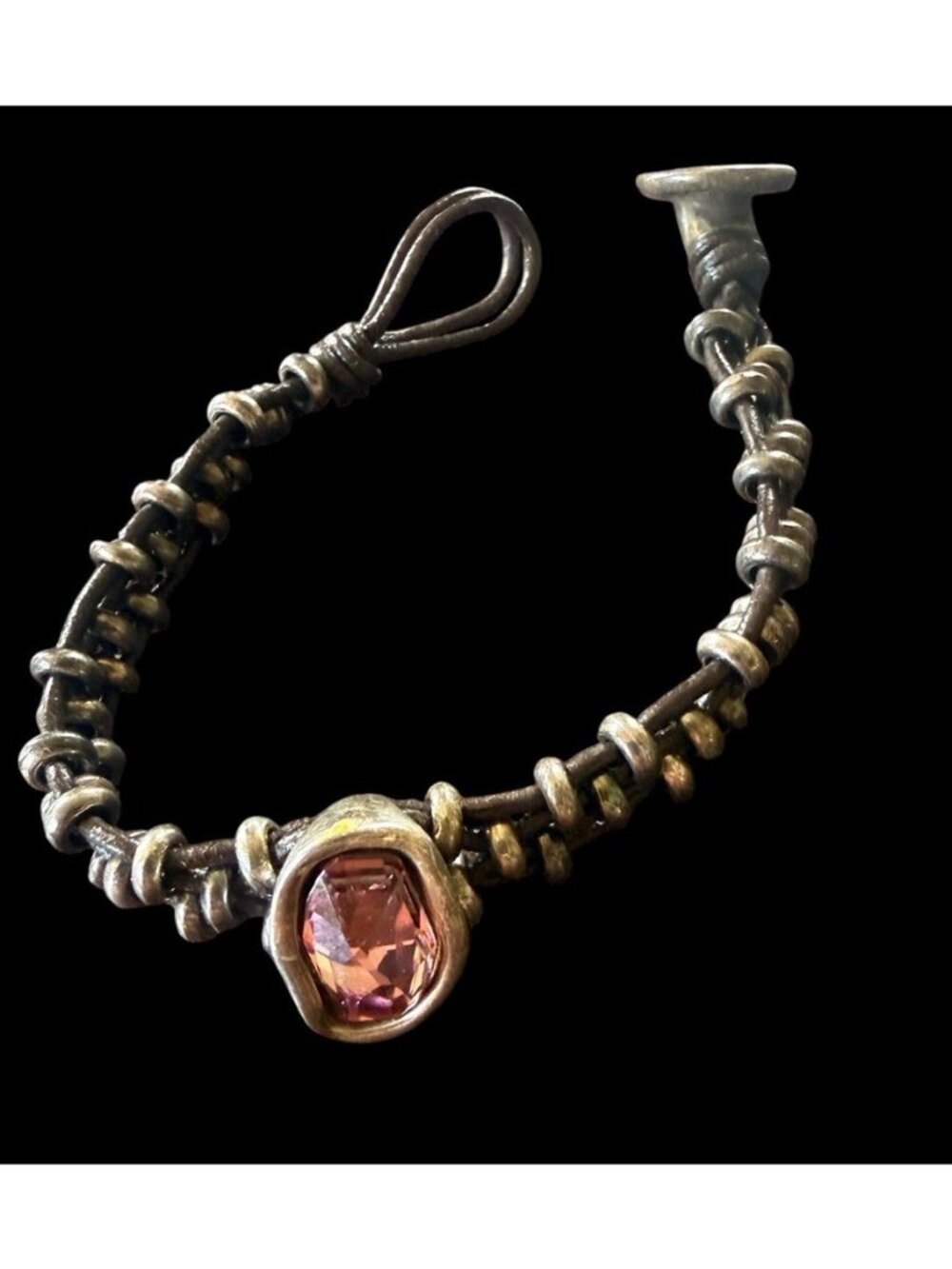 Uno De 50 Bracelet Brown Leather Pink Crystal Beaded 6.5” - Picture 3 of 6